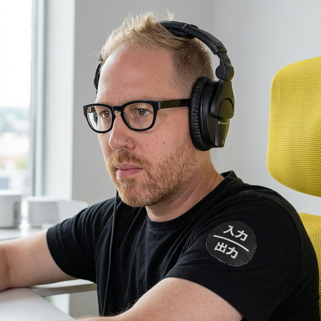 Peter Haas wearing headphones sitting in a chair with a blurred background
