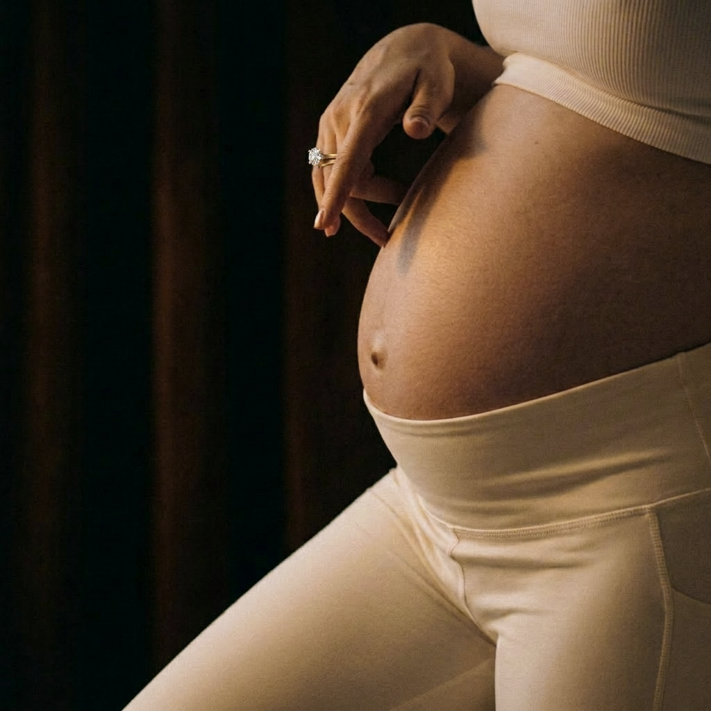 Pregnant person wearing a white outfit with a dark background