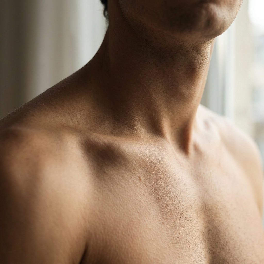 Close-up of a person's shoulder and neck with a blurred background