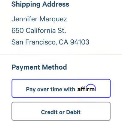 Order summary screen with payment method option for 'Pay over time with Affirm' on a white background.