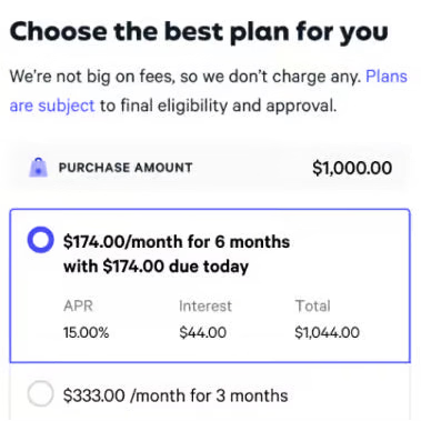 Affirm loan application screen with payment plan options on a smartphone.