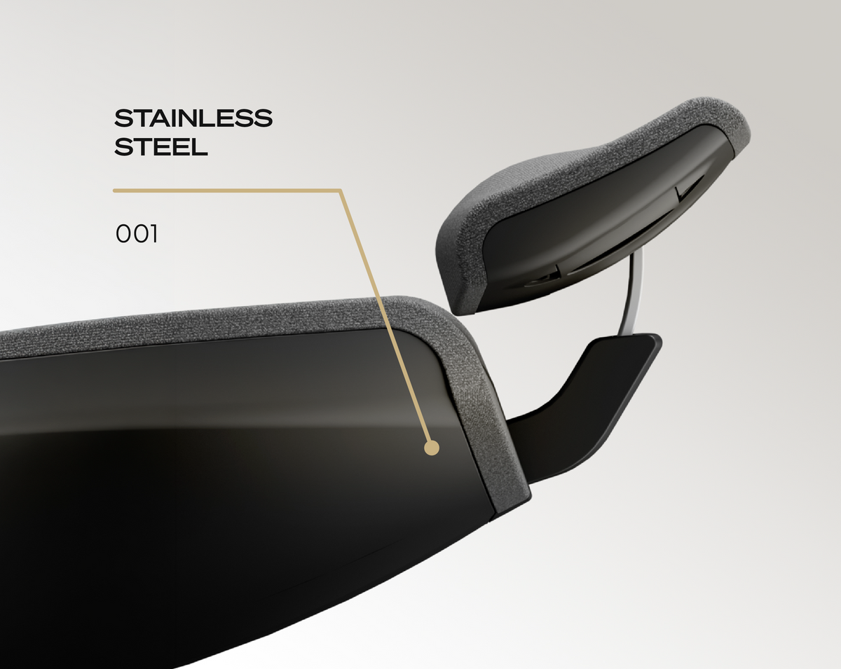 Europa Grey back and head rest with 'Stainless Steel' and '001' pointing to a metal frame detail.