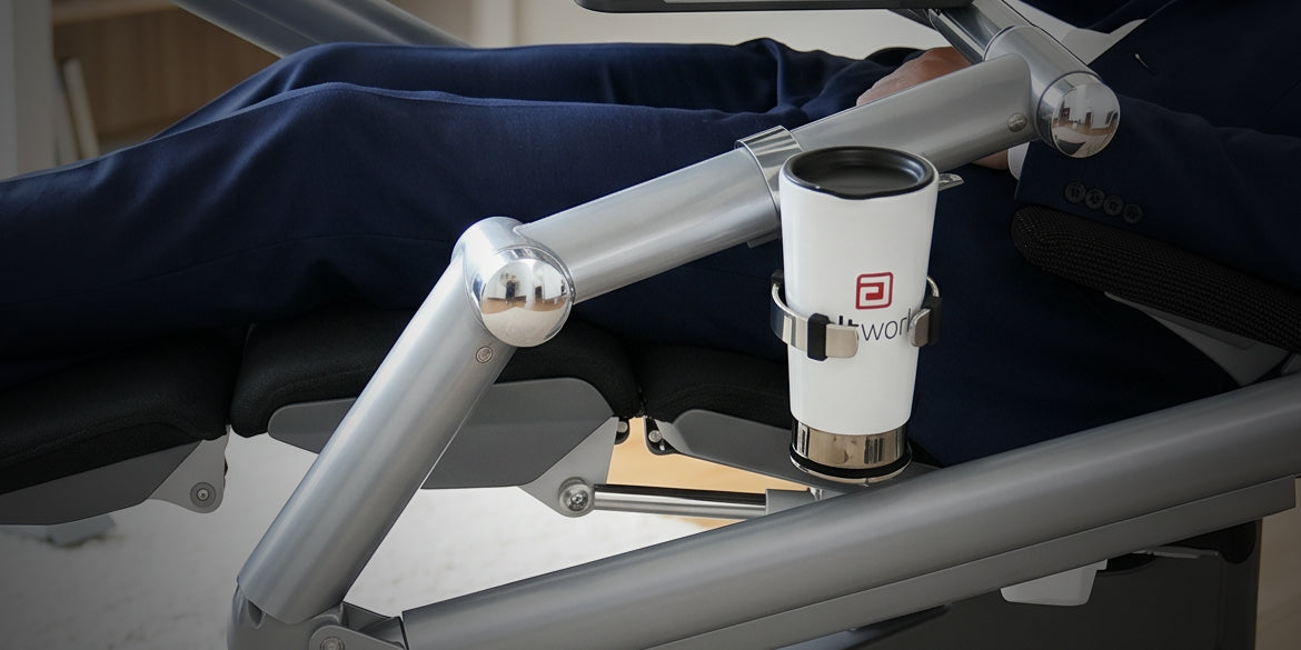 White cup holder with a branded Altwork cup attached to a Signature Station.