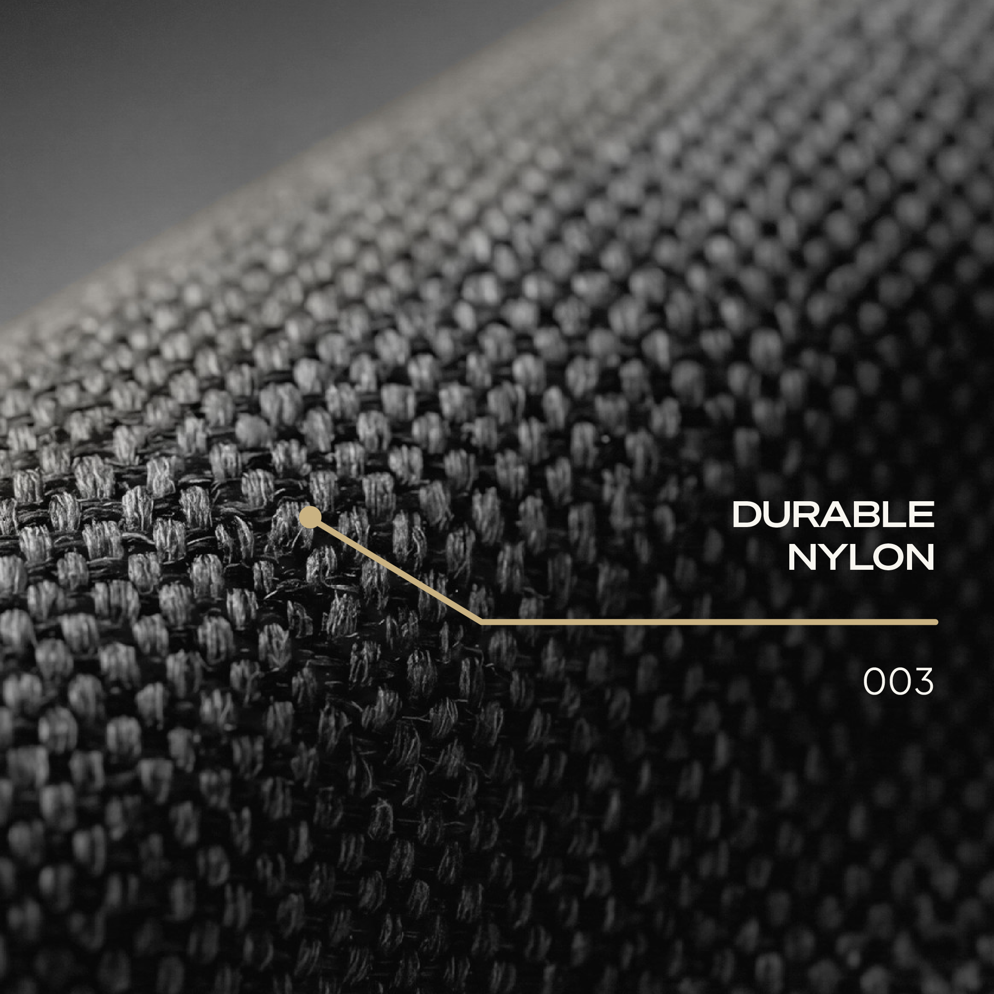 Europa Grey nylon fabric with 'Durable Nylon' and '003' pointing to a close up detail.