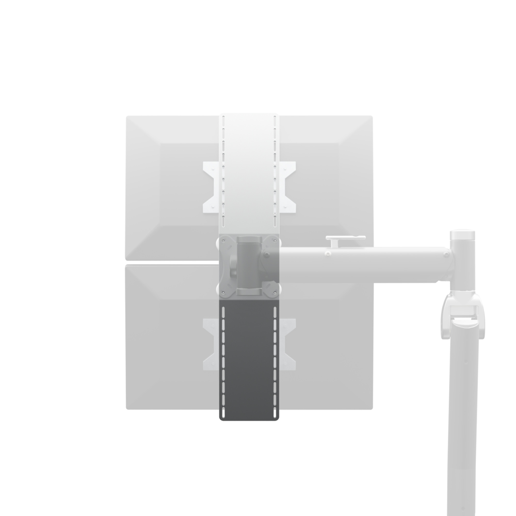 White metal monitor bracket holding two monitors
