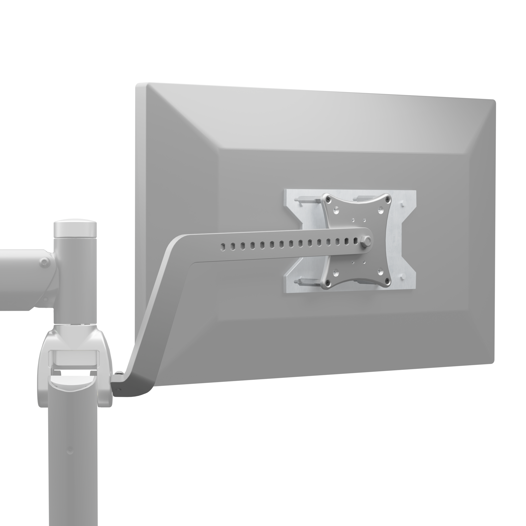 Gray monitor on a side mounted bracket with a white background