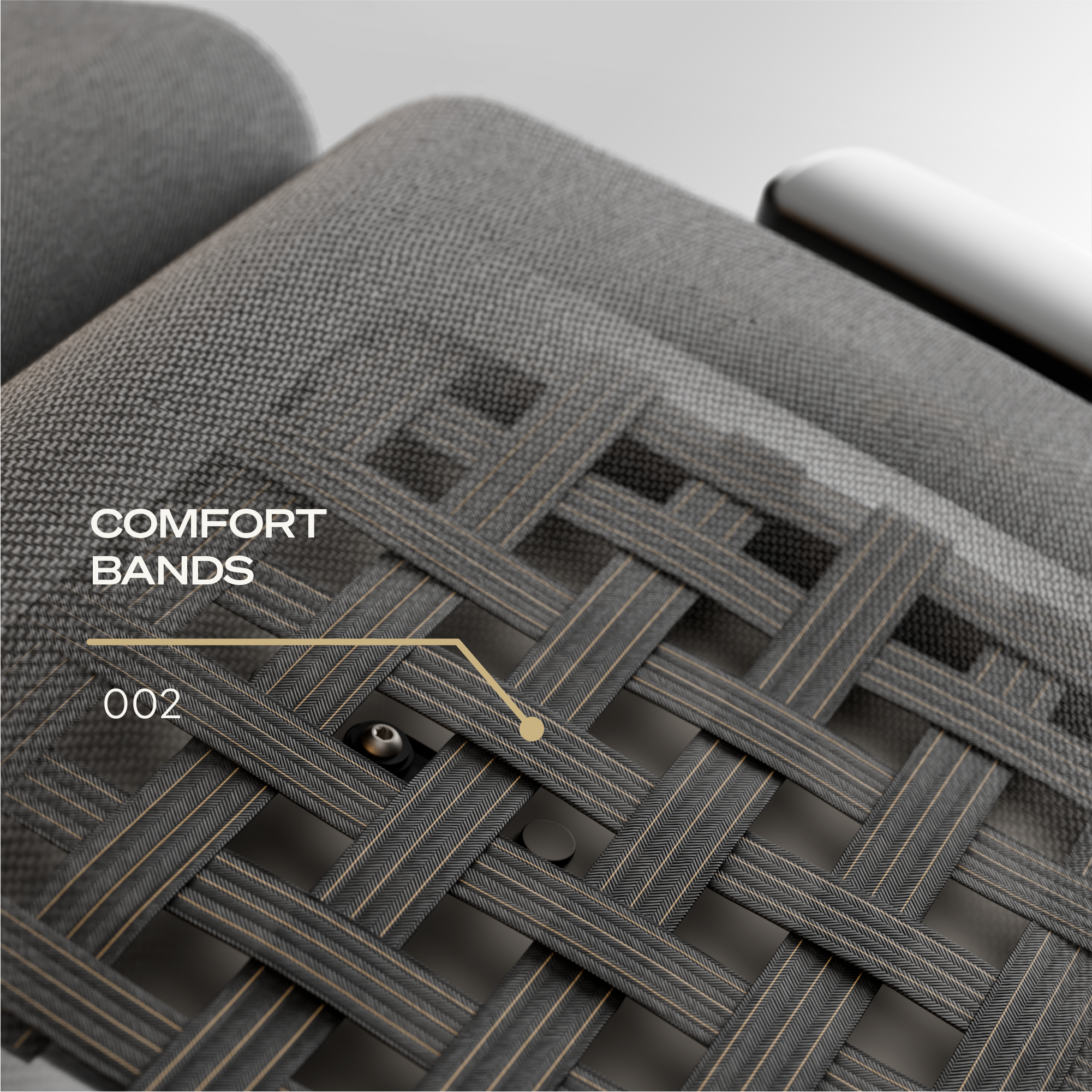 Europa Grey nylon fabric exposed to see material below with 'Comfort Bands' and '002' pointing to a close up detail of the support.
