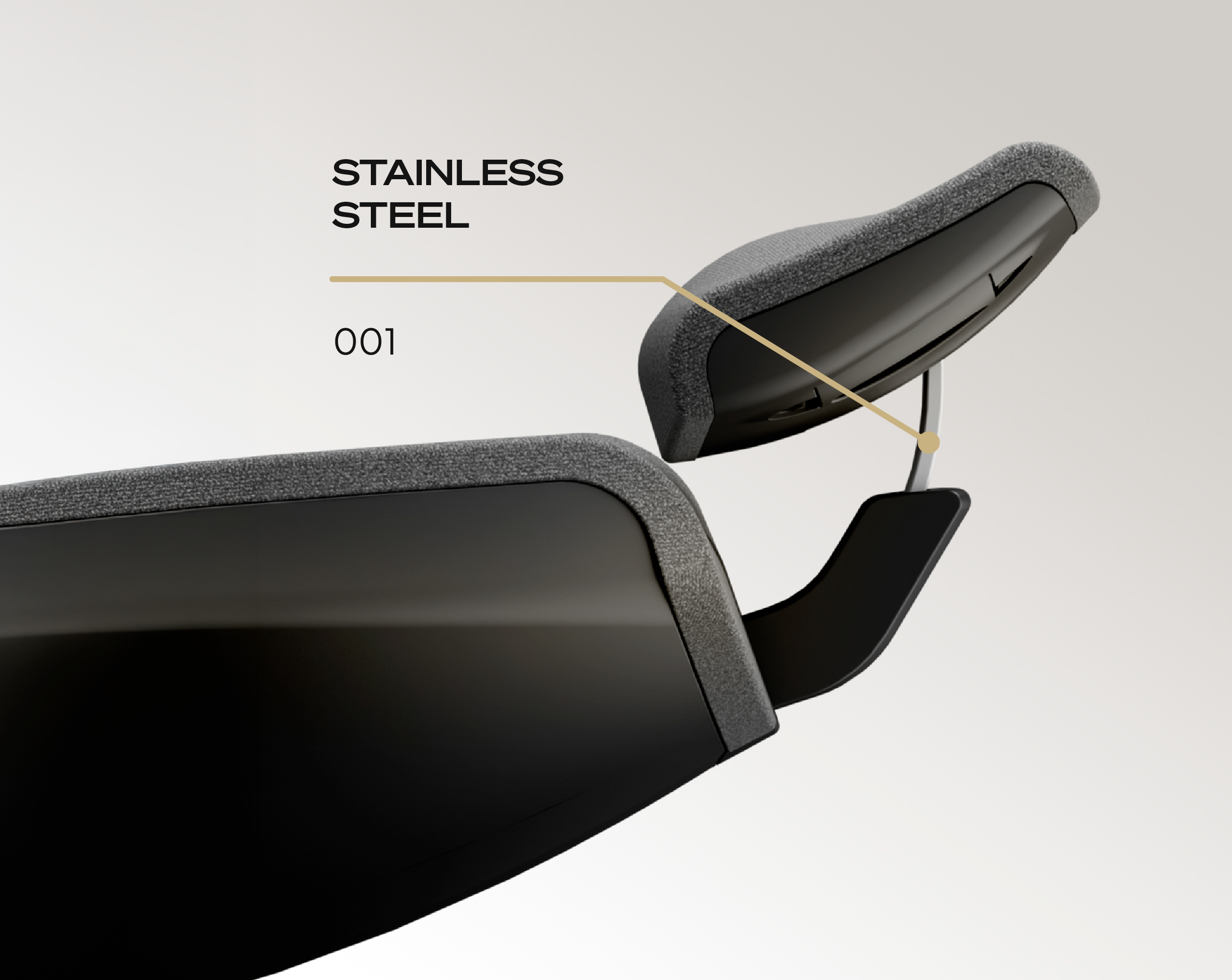 Europa Grey back and head reas with 'Stainless Steel' and '001' pointing to a metal frame detail.